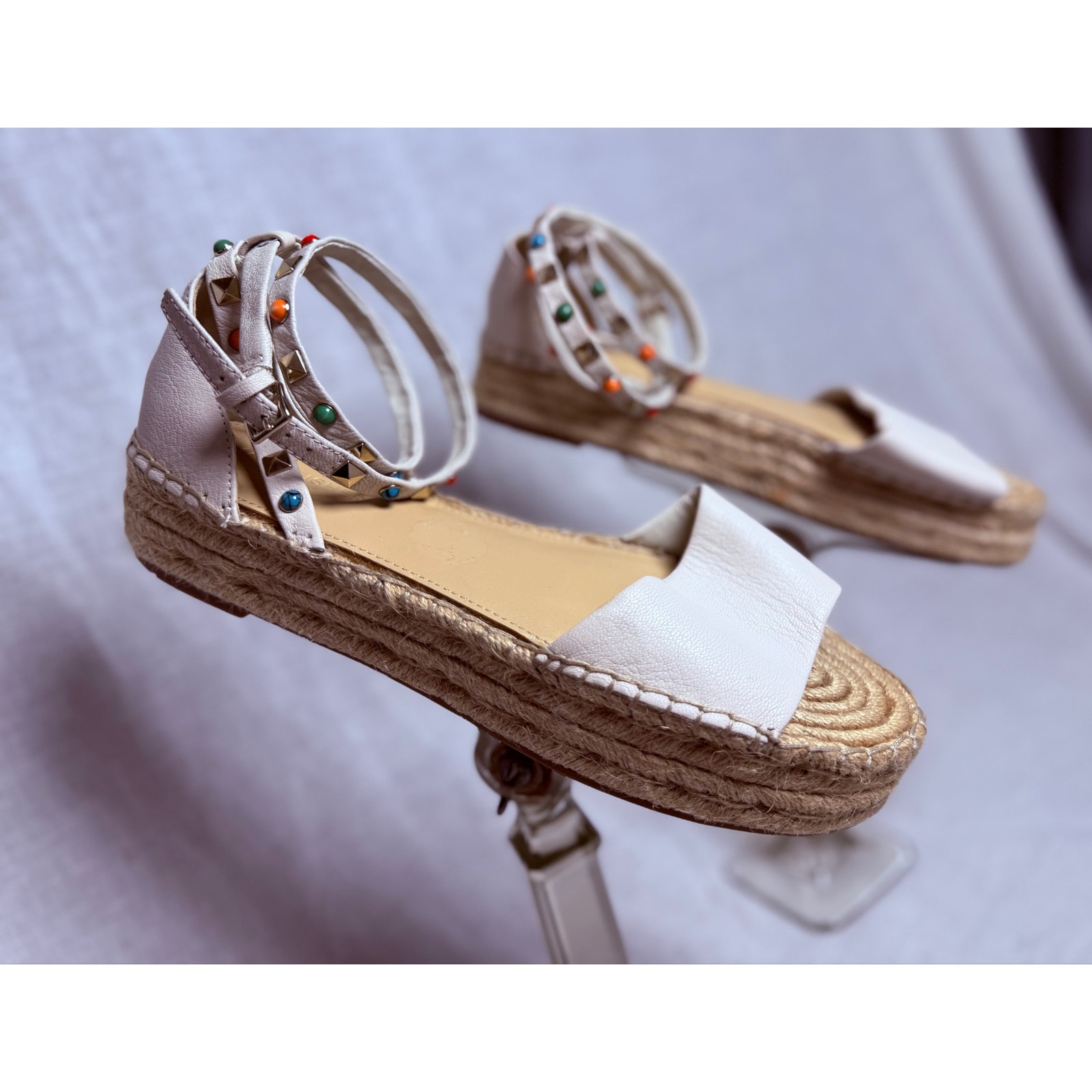 Marc Fisher Vajen Studded Ankle Strap Espadrille Platform Sandals - White/Tan 10